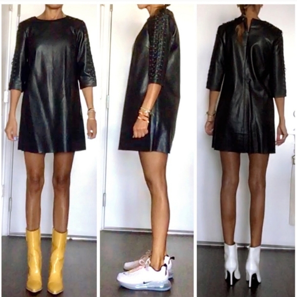 Zara Basic Collection Vegan Faux Leather Mini Dress Lace Up Sleeve Blogger Fav - Picture 4 of 9